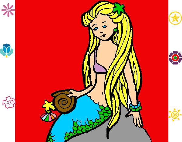 Desenho Sereia com caramujo pintado por zilda