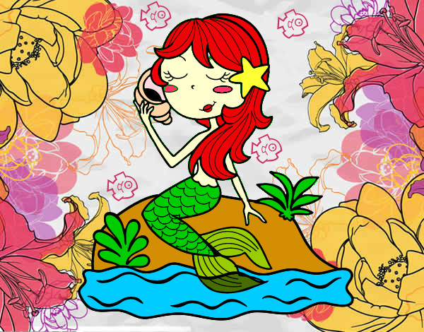 Desenho Sereia sentada numa rocha com uma caracol de mar pintado por LucasEvans
