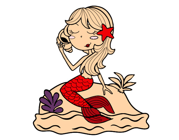 Desenho Sereia sentada numa rocha com uma caracol de mar pintado por Laila