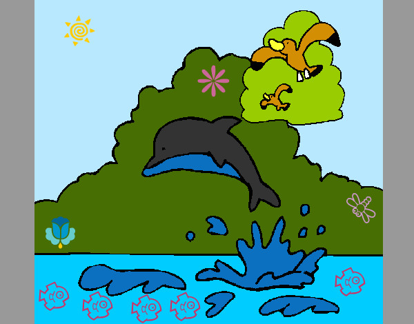 Desenho Golfinho e gaviota pintado por Guto