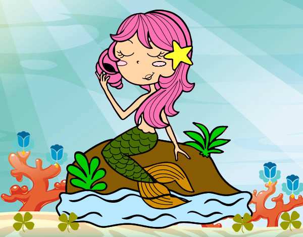 Desenho Sereia sentada numa rocha com uma caracol de mar pintado por bela