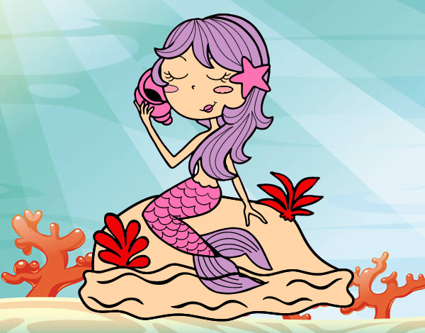 Desenho Sereia sentada numa rocha com uma caracol de mar pintado por emozinha