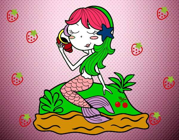 Desenho Sereia sentada numa rocha com uma caracol de mar pintado por MARIANE99