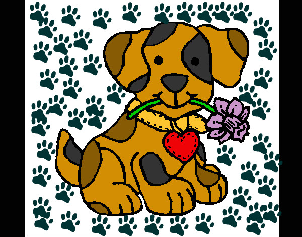 Desenho Filhote de cachorro com uma flor na boca pintado por -Ariele-