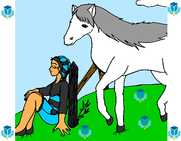 Desenho Menina e cavalo pintado por -Ariele-