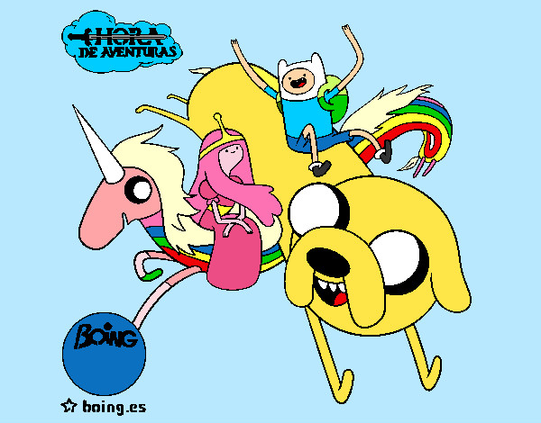 Desenho Jake, Finn, Princesa Bubblegum e Rainbow Lady pintado por bruninho