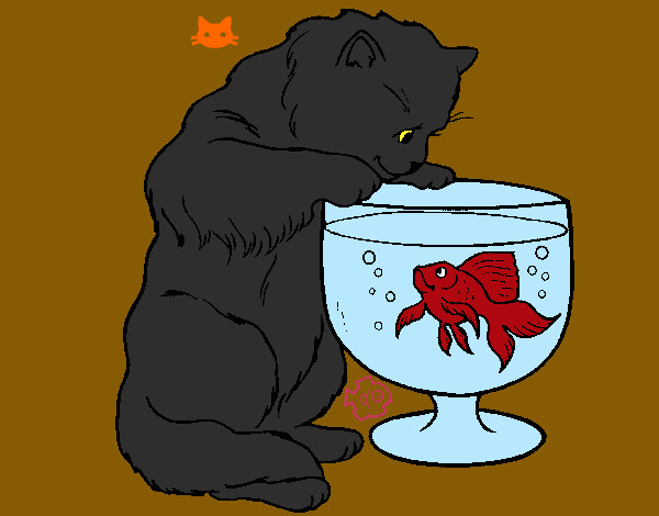 Desenho Gato a olhar para o peixe pintado por cras