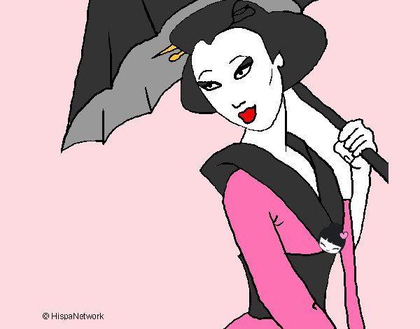 Desenho Geisha com chapéu de chuva pintado por baci