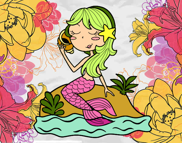 Desenho Sereia sentada numa rocha com uma caracol de mar pintado por FabiK