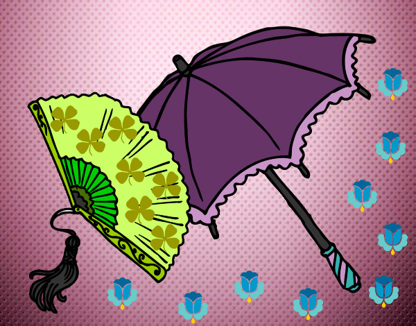Desenho Leque e guarda-chuva pintado por Polly