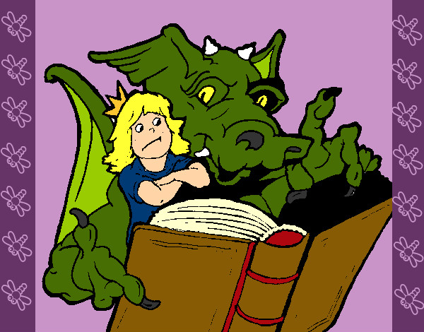 Desenho Dragão, menina e livro pintado por Bonnie