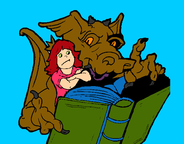 Desenho Dragão, menina e livro pintado por missmirim