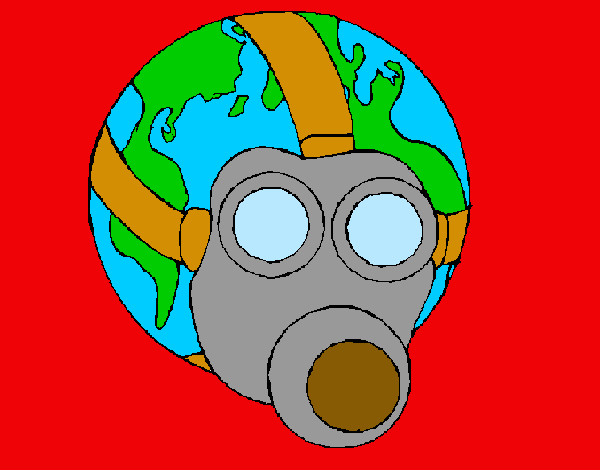 Desenho Terra com máscara de gás pintado por super