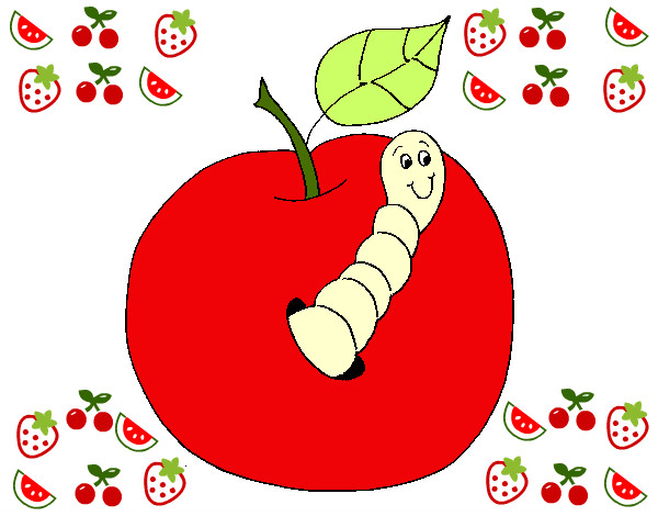 Desenho de Uma minhoca em uma maçã para colorir