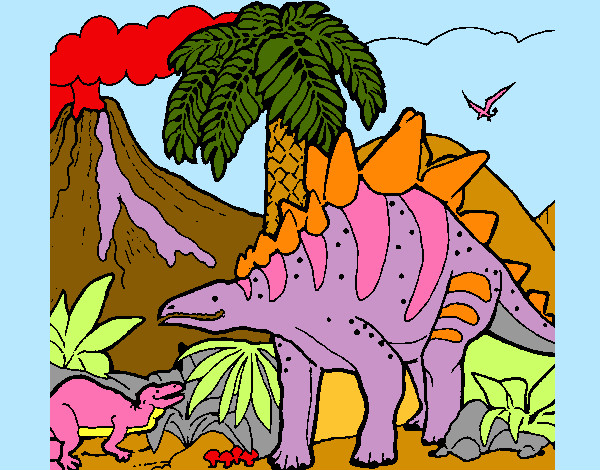 Desenho Família de Tuojiangossauros pintado por Nilza