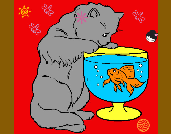 Desenho Gato a olhar para o peixe pintado por Lady