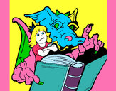 Desenho Dragão, menina e livro pintado por luce