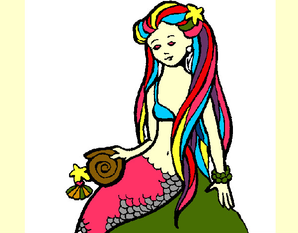 Desenho Sereia com caramujo pintado por lura