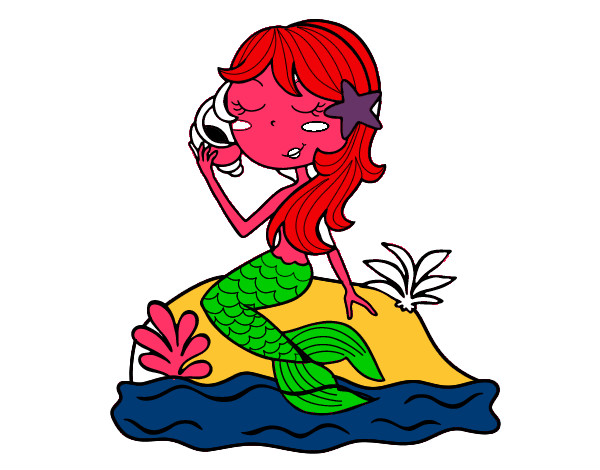 Desenho Sereia sentada numa rocha com uma caracol de mar pintado por purucutu