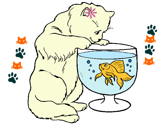 Desenho Gato a olhar para o peixe pintado por Mihh