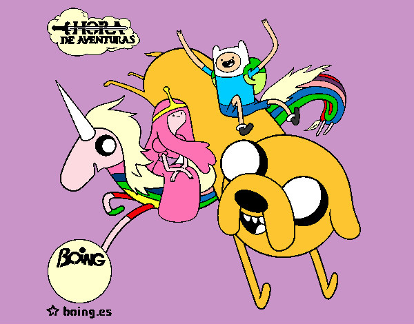 Desenho Jake, Finn, Princesa Bubblegum e Rainbow Lady pintado por Ruann