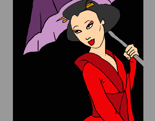 Desenho Geisha com chapéu de chuva pintado por brunabriza