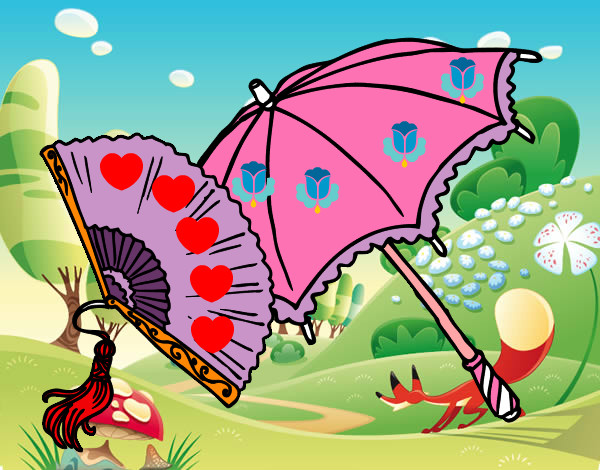 Desenho Leque e guarda-chuva pintado por hana