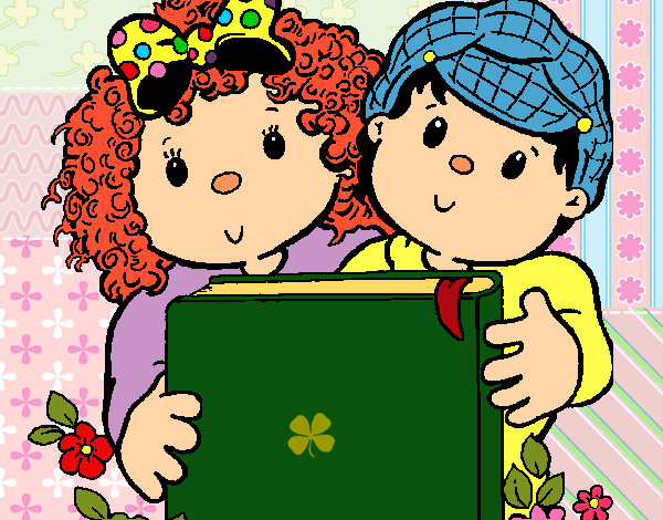 Desenho de Crianças com um livro pintado e colorido por Leondina o