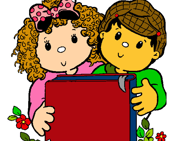Desenho de Crianças com um livro pintado e colorido por Leondina o