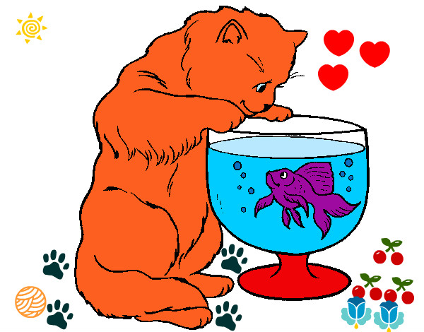 Desenho Gato a olhar para o peixe pintado por Neve