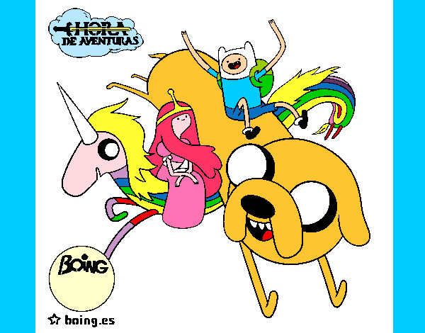 Desenho Jake, Finn, Princesa Bubblegum e Rainbow Lady pintado por marcy