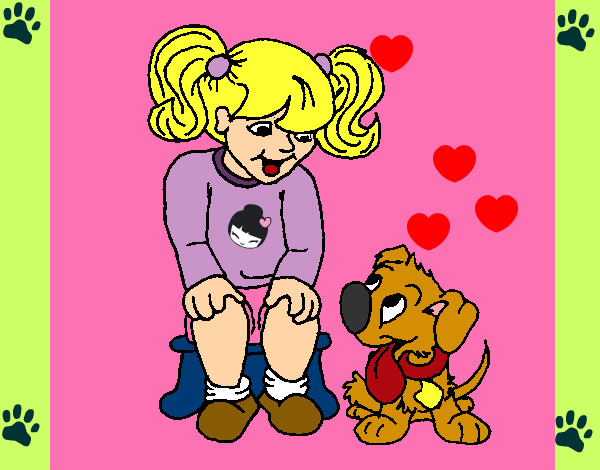 Desenho Menina com o seu cãozito pintado por Monick