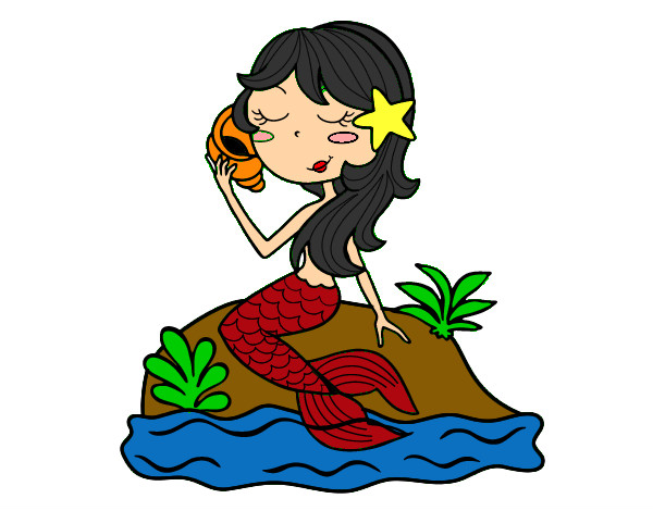 Desenho Sereia sentada numa rocha com uma caracol de mar pintado por melinda
