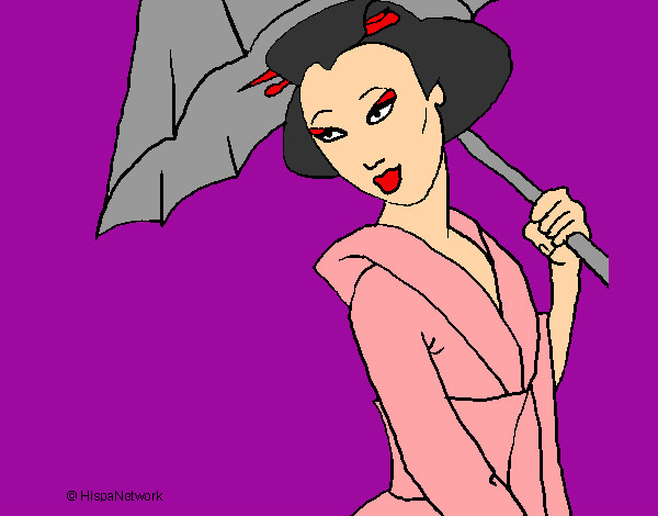 Desenho Geisha com chapéu de chuva pintado por Gaabigr
