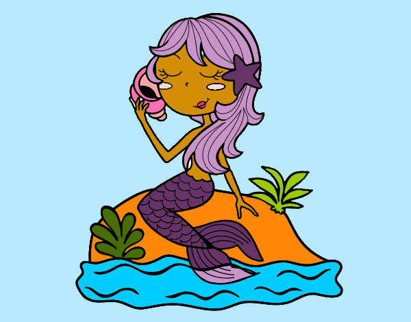 Desenho Sereia sentada numa rocha com uma caracol de mar pintado por rainara