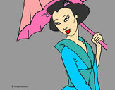 Desenho Geisha com chapéu de chuva pintado por crislouro