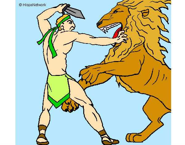 Desenho Gladiador contra leão pintado por crislouro