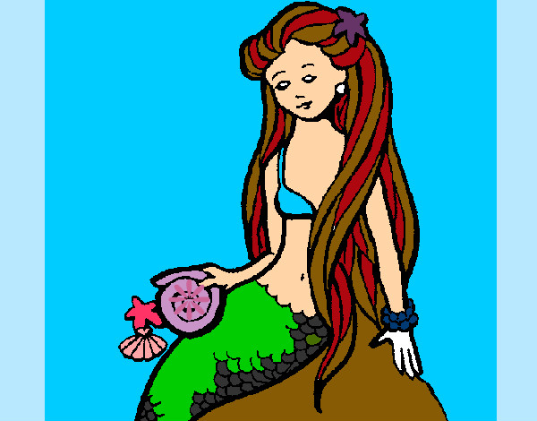 Desenho Sereia com caramujo pintado por Ashley