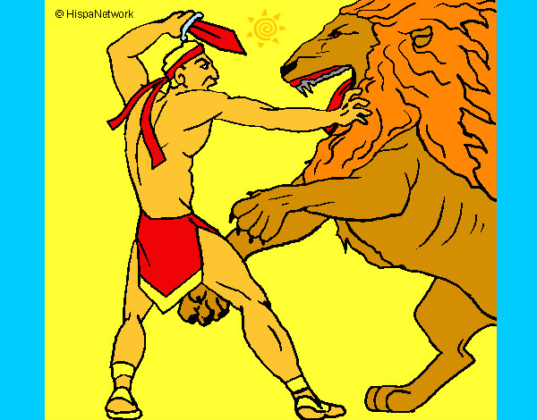 Desenho Gladiador contra leão pintado por lima
