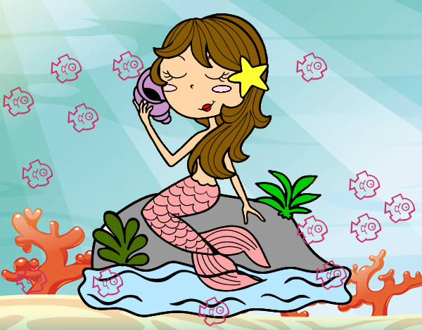 Sereia sentada numa rocha com uma caracol de mar
