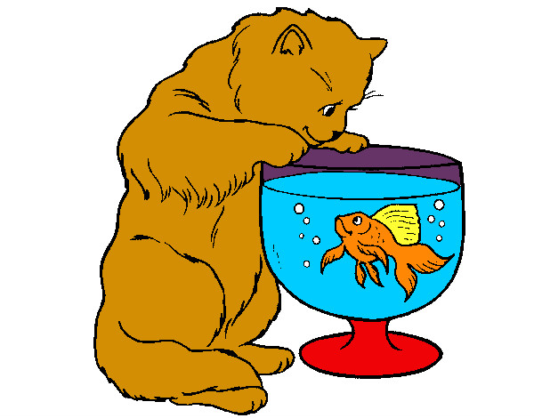 Desenho Gato a olhar para o peixe pintado por  poly