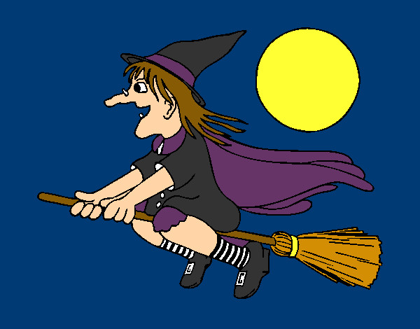 Desenho de Bruxa em vassoura voadora pintado e colorido por