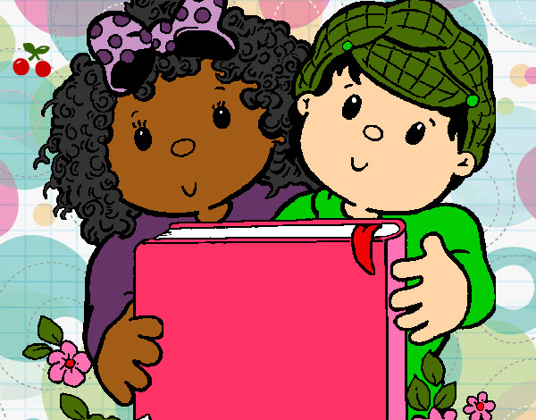 Desenho de Crianças com um livro pintado e colorido por Imshampoo