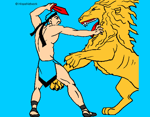 Desenho Gladiador contra leão pintado por clebertrip