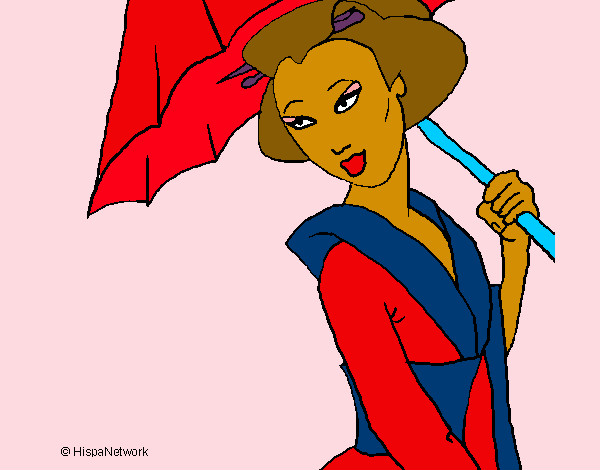 Desenho Geisha com chapéu de chuva pintado por _Dindih_