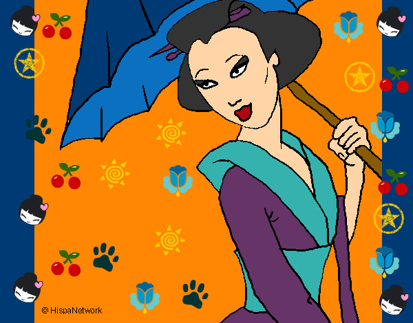 Desenho Geisha com chapéu de chuva pintado por miney
