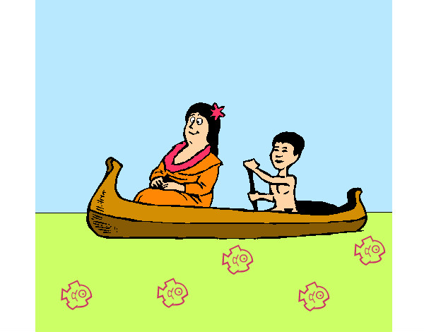 Desenho Mãe e filho em canoa pintado por clarab