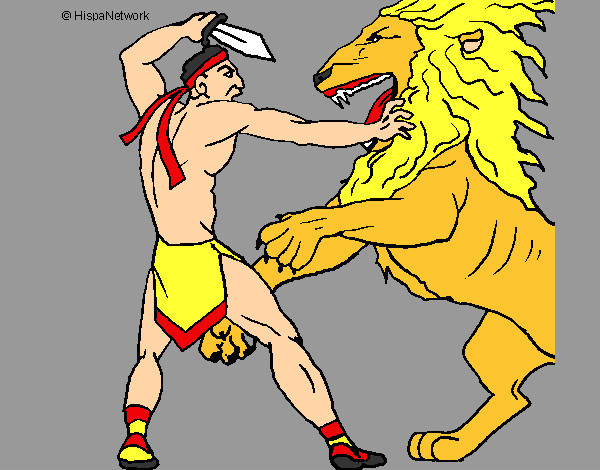 Desenho Gladiador contra leão pintado por zanollo