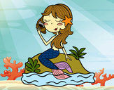 Desenho Sereia sentada numa rocha com uma caracol de mar pintado por neninhaa