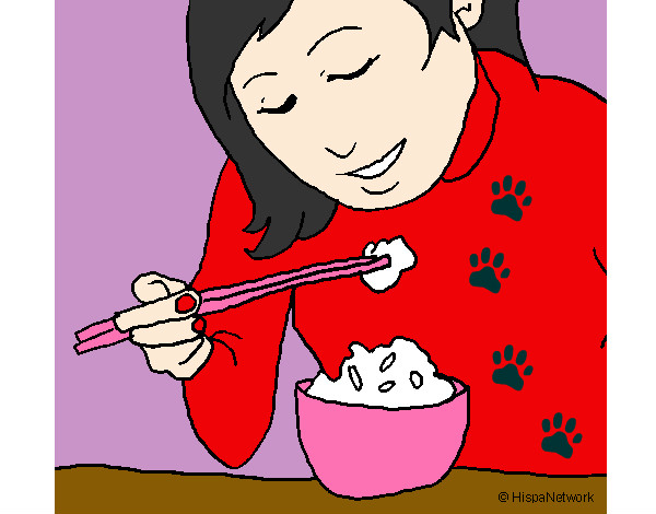 Desenho A comer arroz pintado por kids